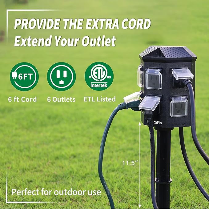 Outdoor Power Stake with Timer, 6 FT Extension