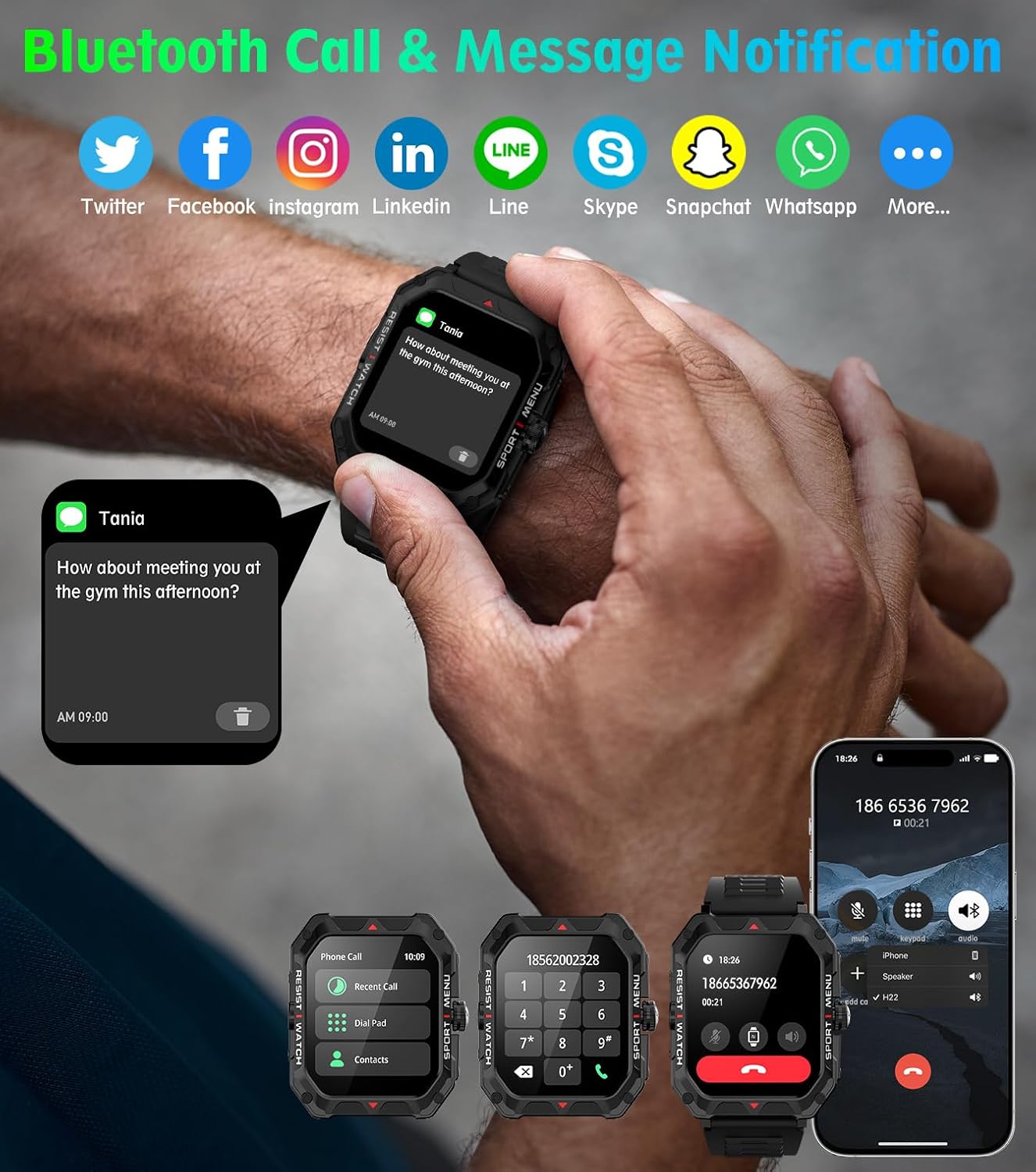 Military Smart Watch with Fitness Tracker Modes - 2.02"