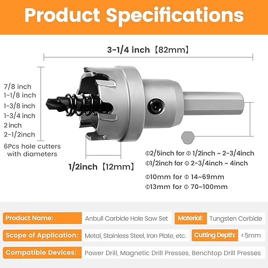 Carbide Hole Saws, Hole Cutter 9 Piece Stainless Steel