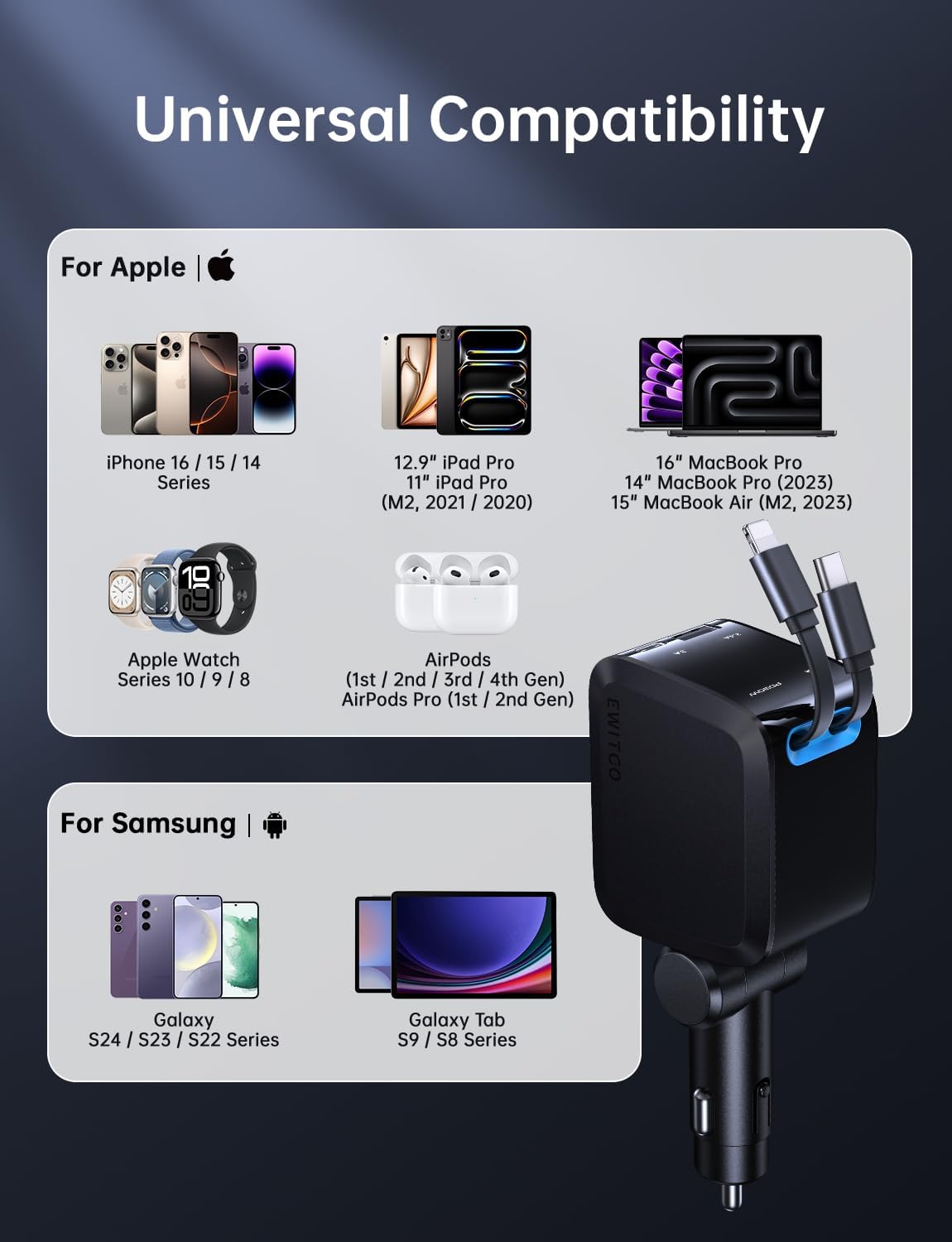 69W Fast Charging USB Retractable Car Charger
