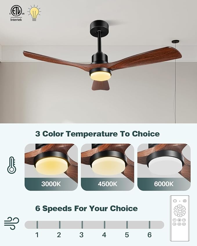 52in Ceiling Fans with Lights and Remote - Walnut Wood