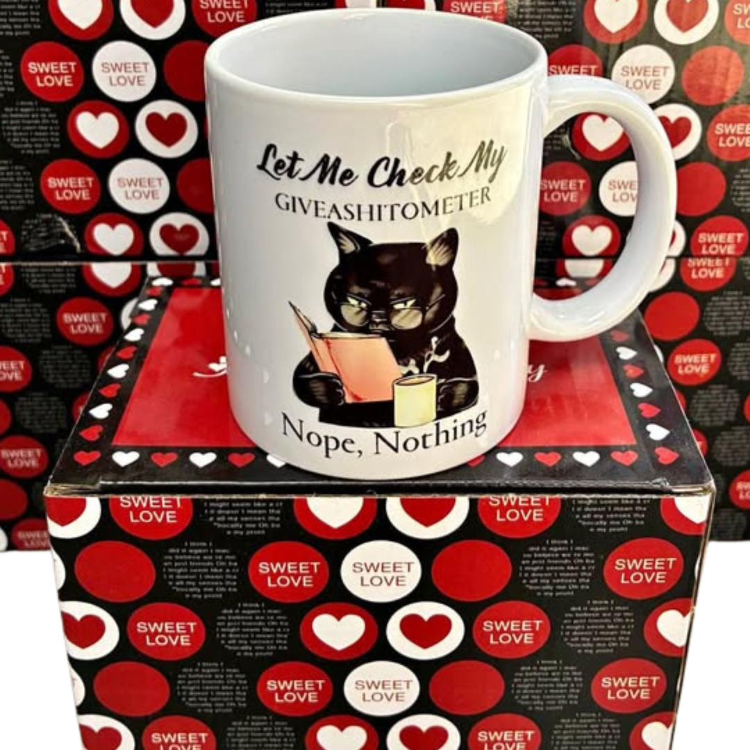 Funny Cat Mug - Let Me Check My Giveashitometer [11oz]