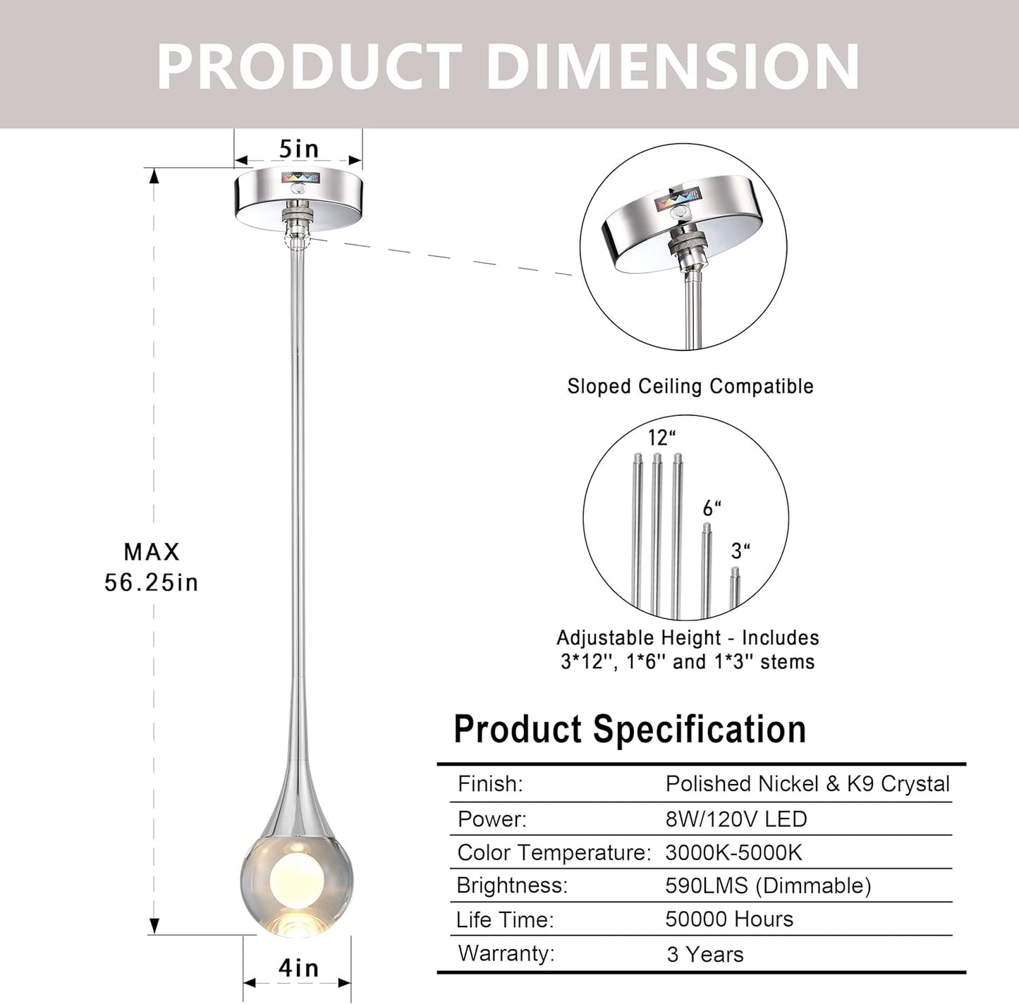 Dimmable Teardrop Pendant Light Fixture -LED