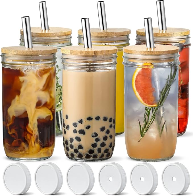 24oz Mason Jar Drinking Glasses with Lids [6 Pack]