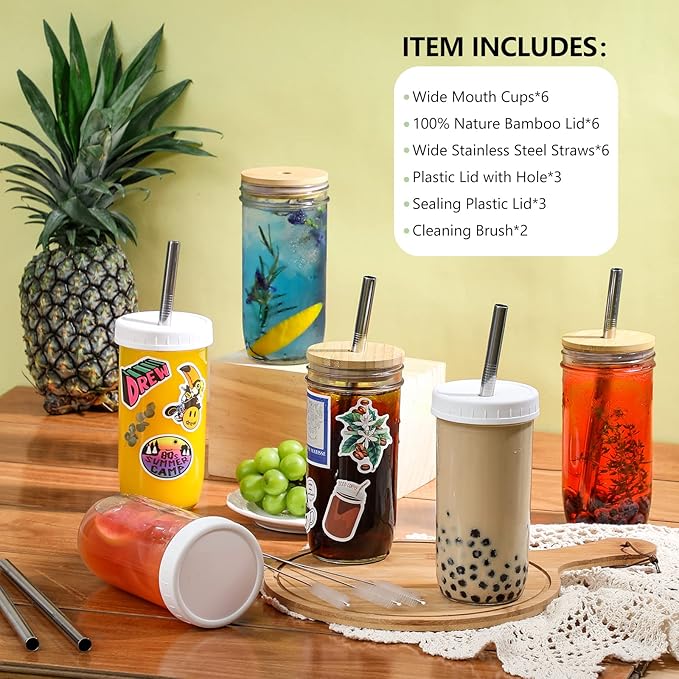 24oz Mason Jar Drinking Glasses with Lids [6 Pack]