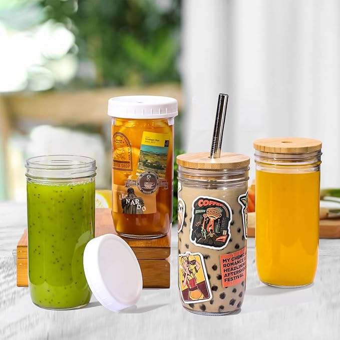 24oz Mason Jar Drinking Glasses with Lids [6 Pack]