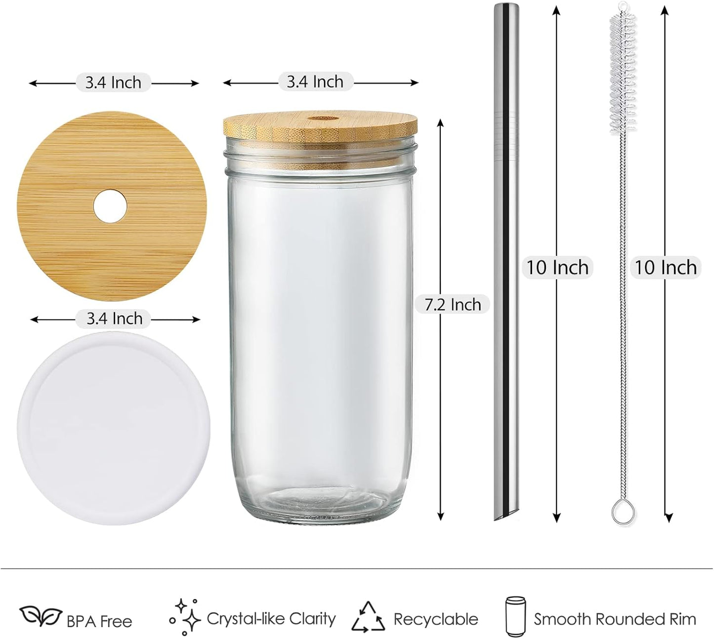 24oz Mason Jar Drinking Glasses with Lids [6 Pack]