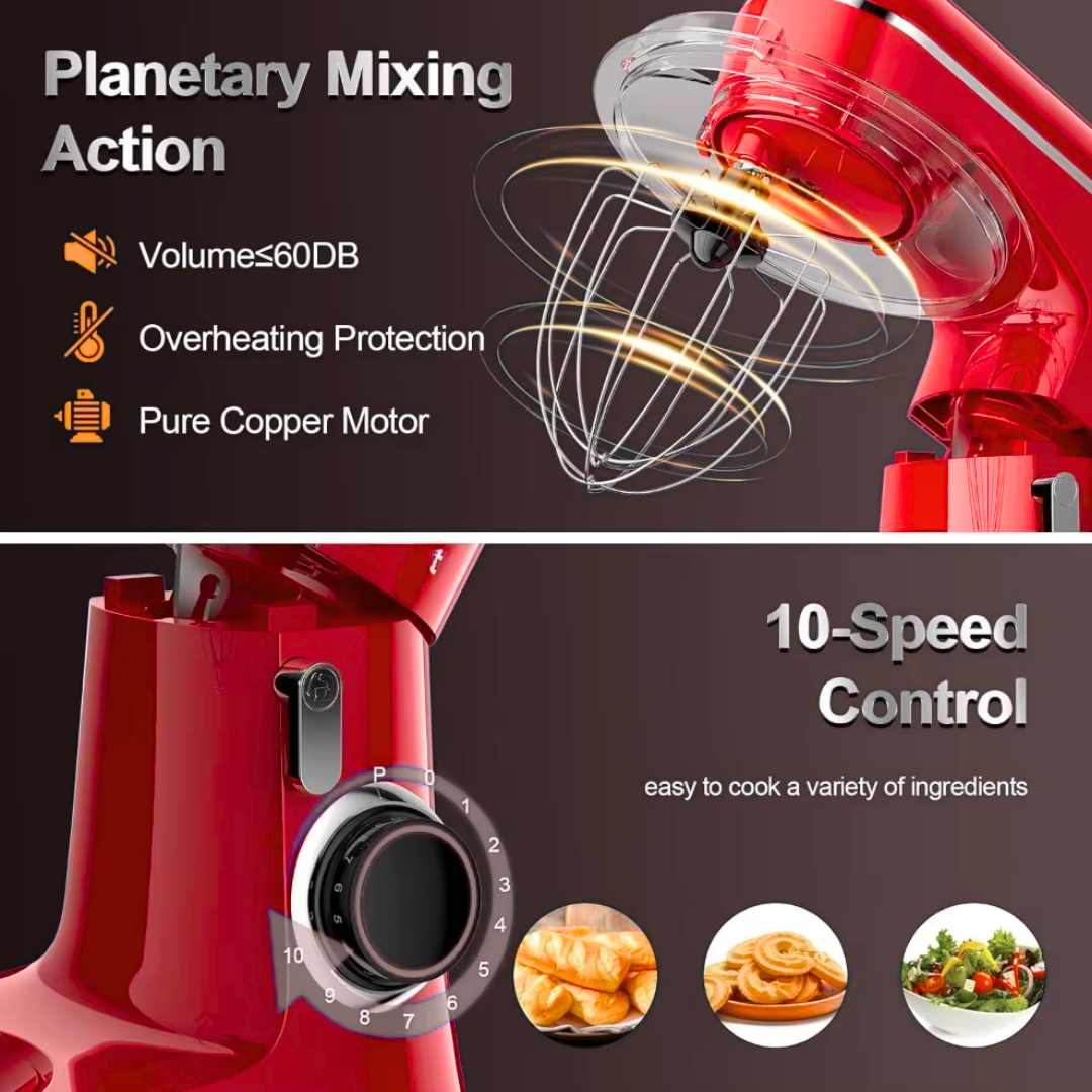 5QT Tilt-Head Stand Food Mixer| 10 Speeds | Stainless Steel Bowl