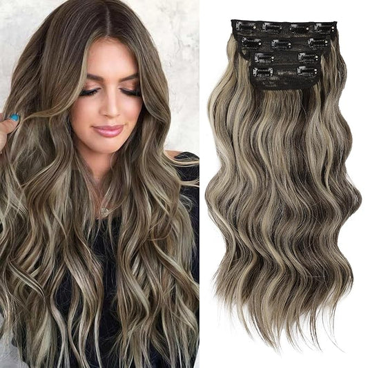 20in Synthetic Clip in Hair Extensions 4pc - Walnut Brown Mixed Blonde