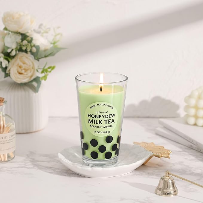 12oz Candle - Honeydew Melon Boba Tea Scented