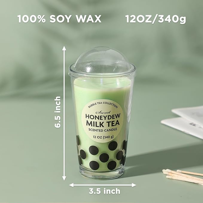 12oz Candle - Honeydew Melon Boba Tea Scented