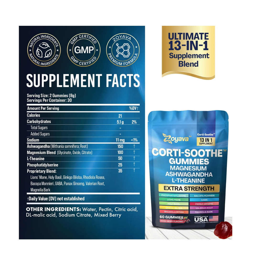 Corti-Soothe Gummies with Magnesium, L-Theanine, Ashwagandha - Mixed Berry
