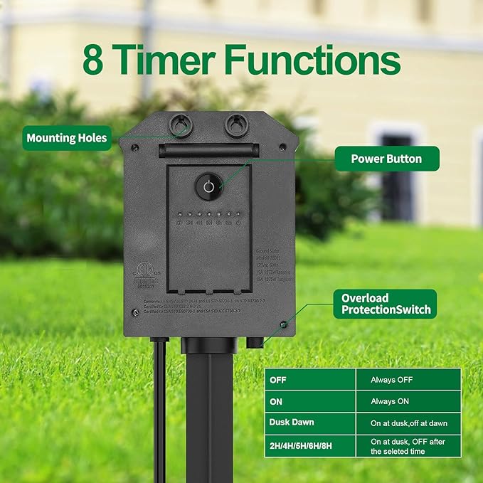 Outdoor Power Stake with Timer, 6 FT Extension