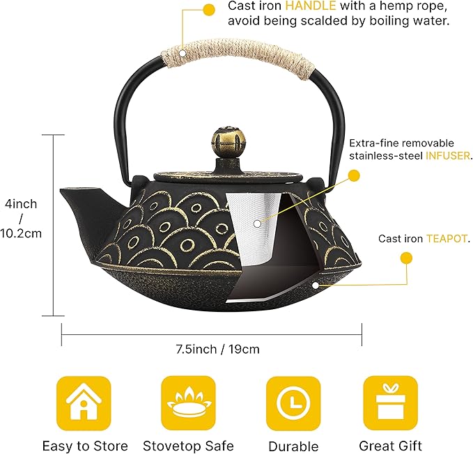 Black Gold Japanese Cast Iron Teapot Kettle