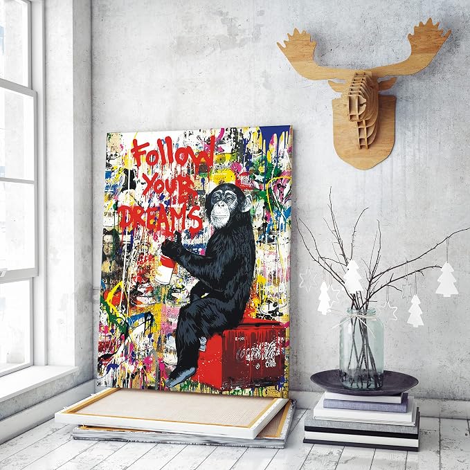 Banksy Inspired Canvas Wall Art - Graffiti Monkey Art, 24x36in