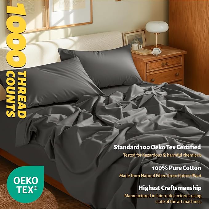 100% Egyptian Cotton Bed Sheets King Size 4pc 1000 Thread Count -Dark Grey