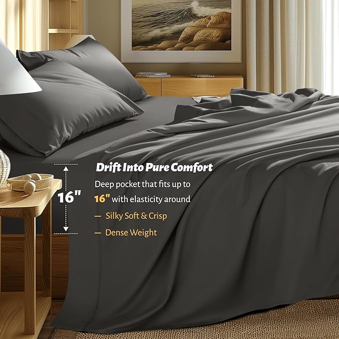 100% Egyptian Cotton Bed Sheets King Size 4pc 1000 Thread Count -Dark Grey