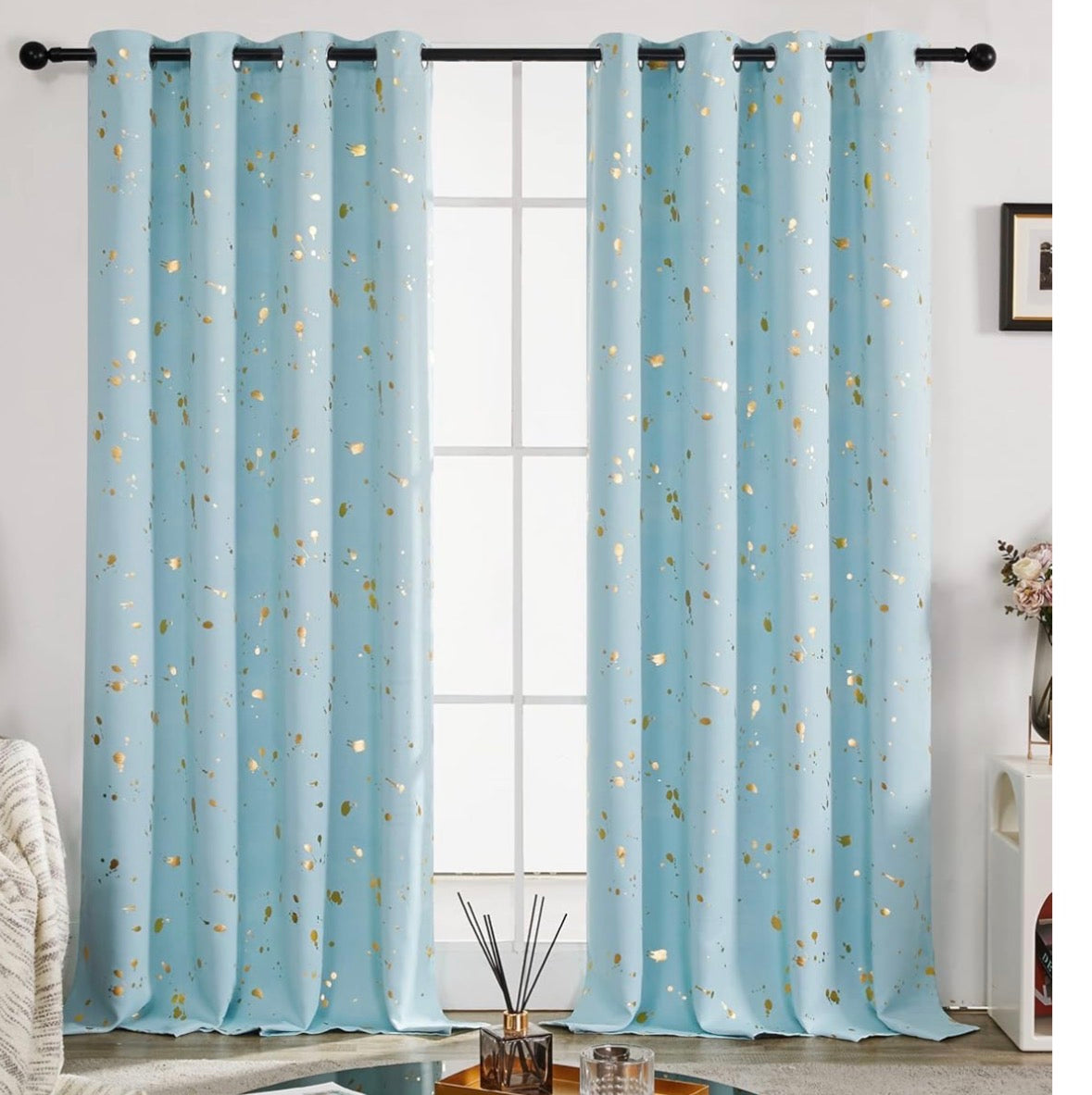 Light Blue Gold Spot Blackout Curtains - W52in x L84in