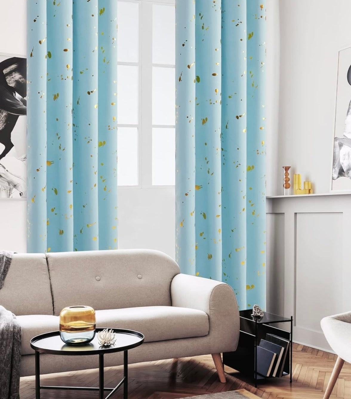 Light Blue Gold Spot Blackout Curtains - W52in x L84in