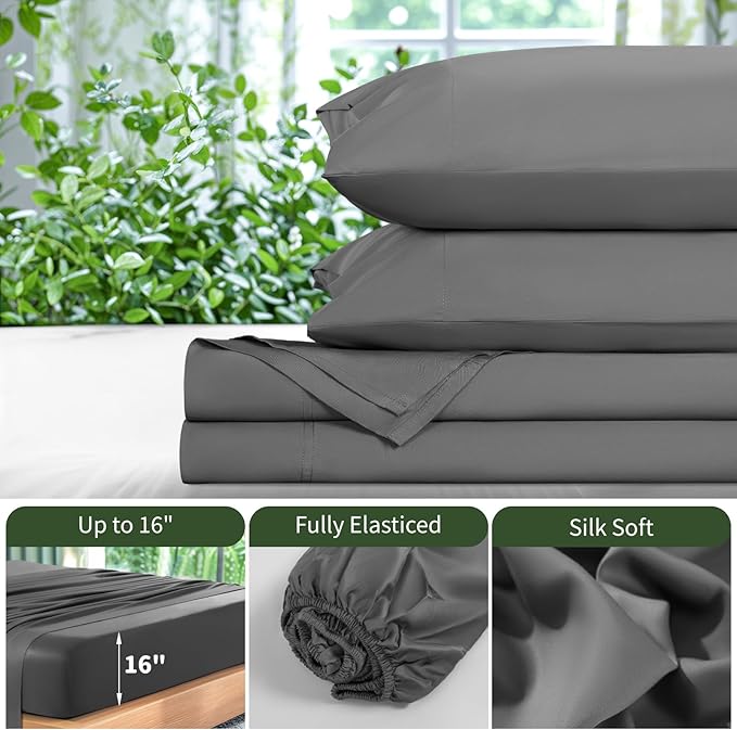 Queen Size 4pc 1800 Thread Count Cooling Bed Sheet - Dark Grey