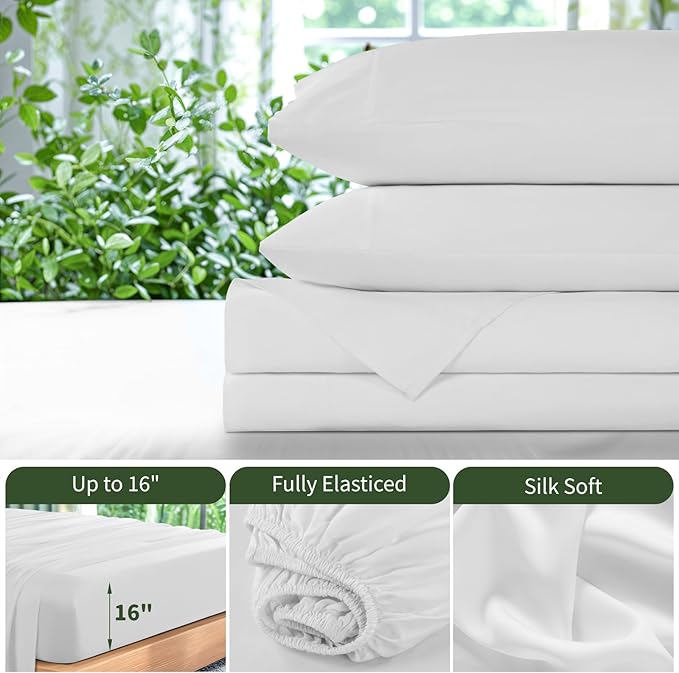 Queen Size 4pc 1800 Thread Count Cooling Bed Sheet -White