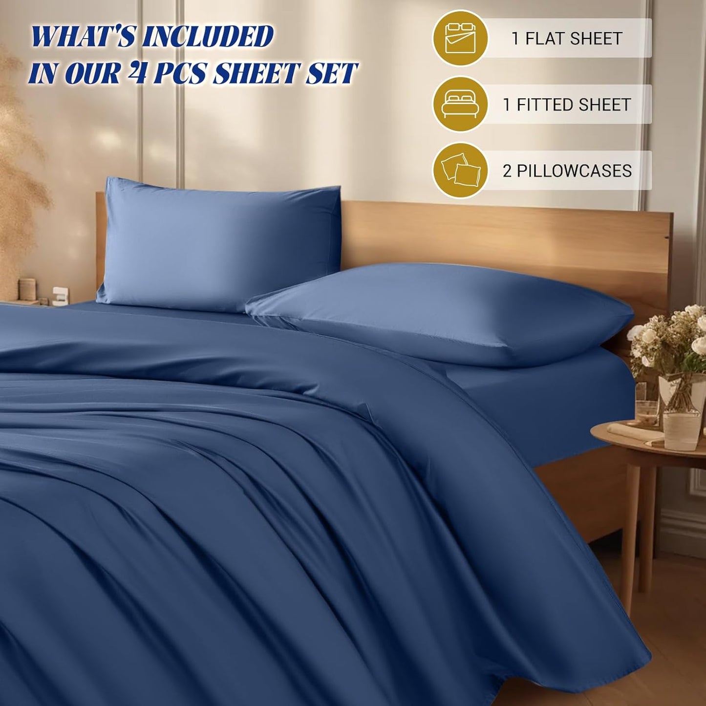 100% Egyptian Cotton Bed Sheets Queen Size 4pc 1200 Thread Count - Navy Blue