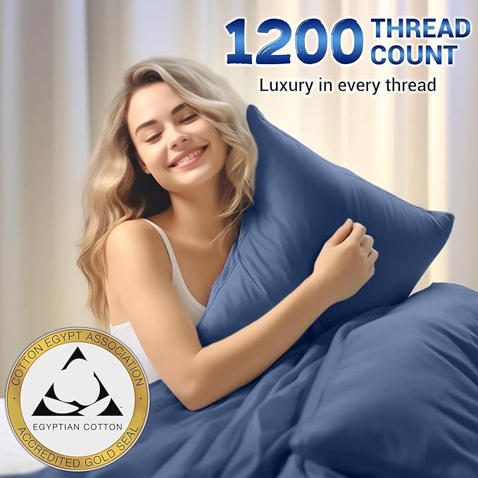 100% Egyptian Cotton Bed Sheets Queen Size 4pc 1200 Thread Count - Navy Blue