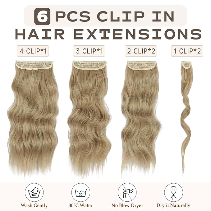 20in Synthetic Clip in Hair Extensions 6pc - Mixed Dirty Blonde