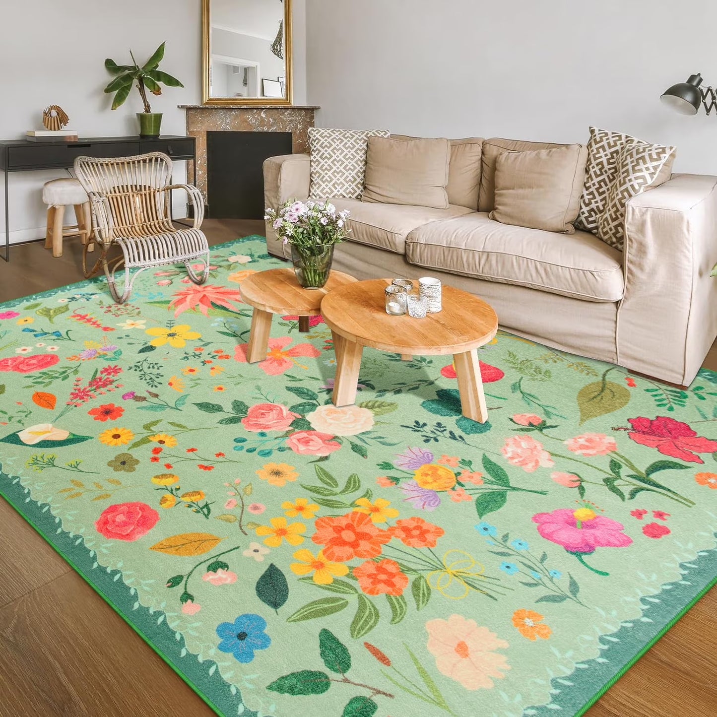 8x10ft Floral Boho Green Area Rug