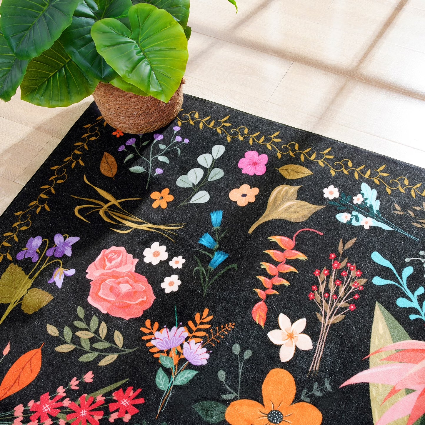 6x9ft Floral Black Area Rug
