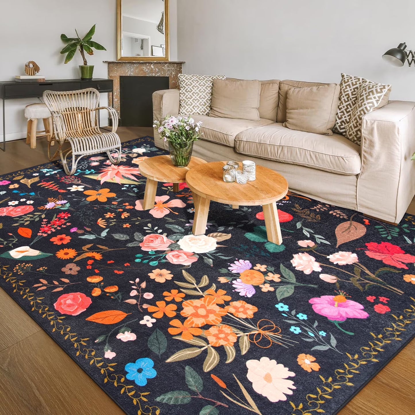6x9ft Floral Black Area Rug