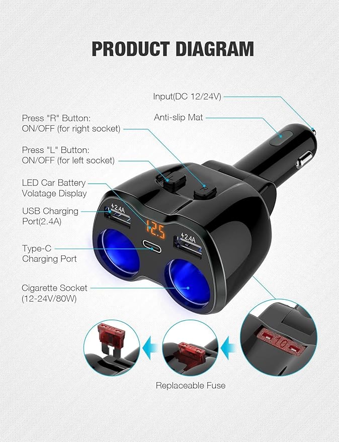 Car Cigarette Lighter 2 Socket Charger -24V