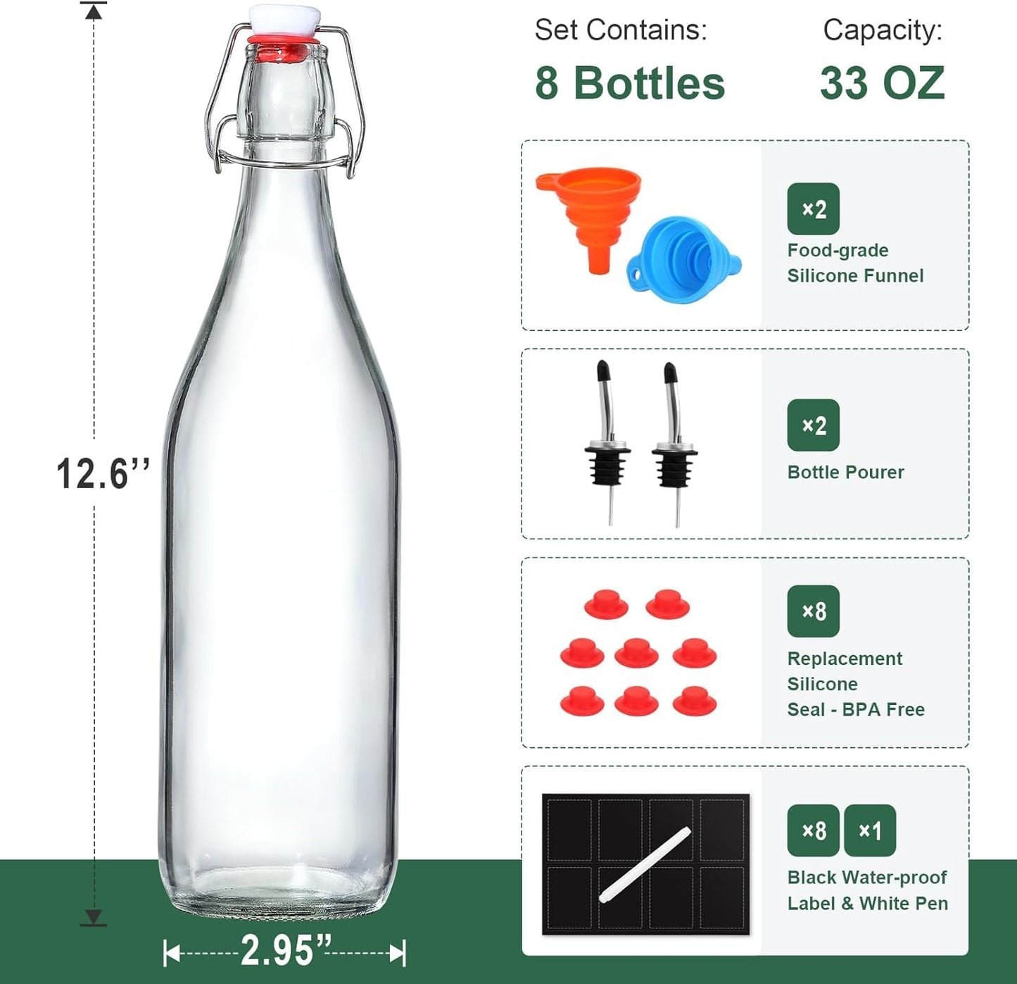 8Pack of Airtight 1 Liter Glass Bottles - Swing Top