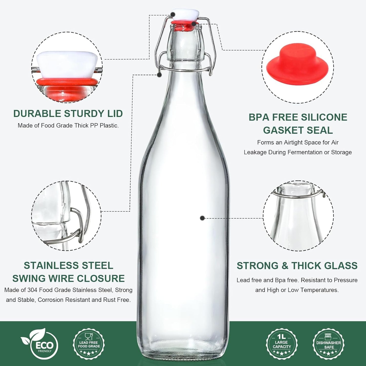 8Pack of Airtight 1 Liter Glass Bottles - Swing Top