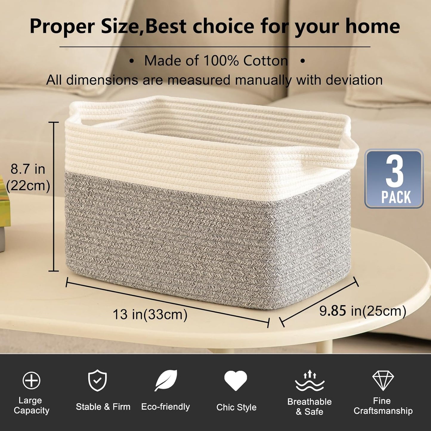 3pc Woven Cotton Rope Storage Baskets - Grey