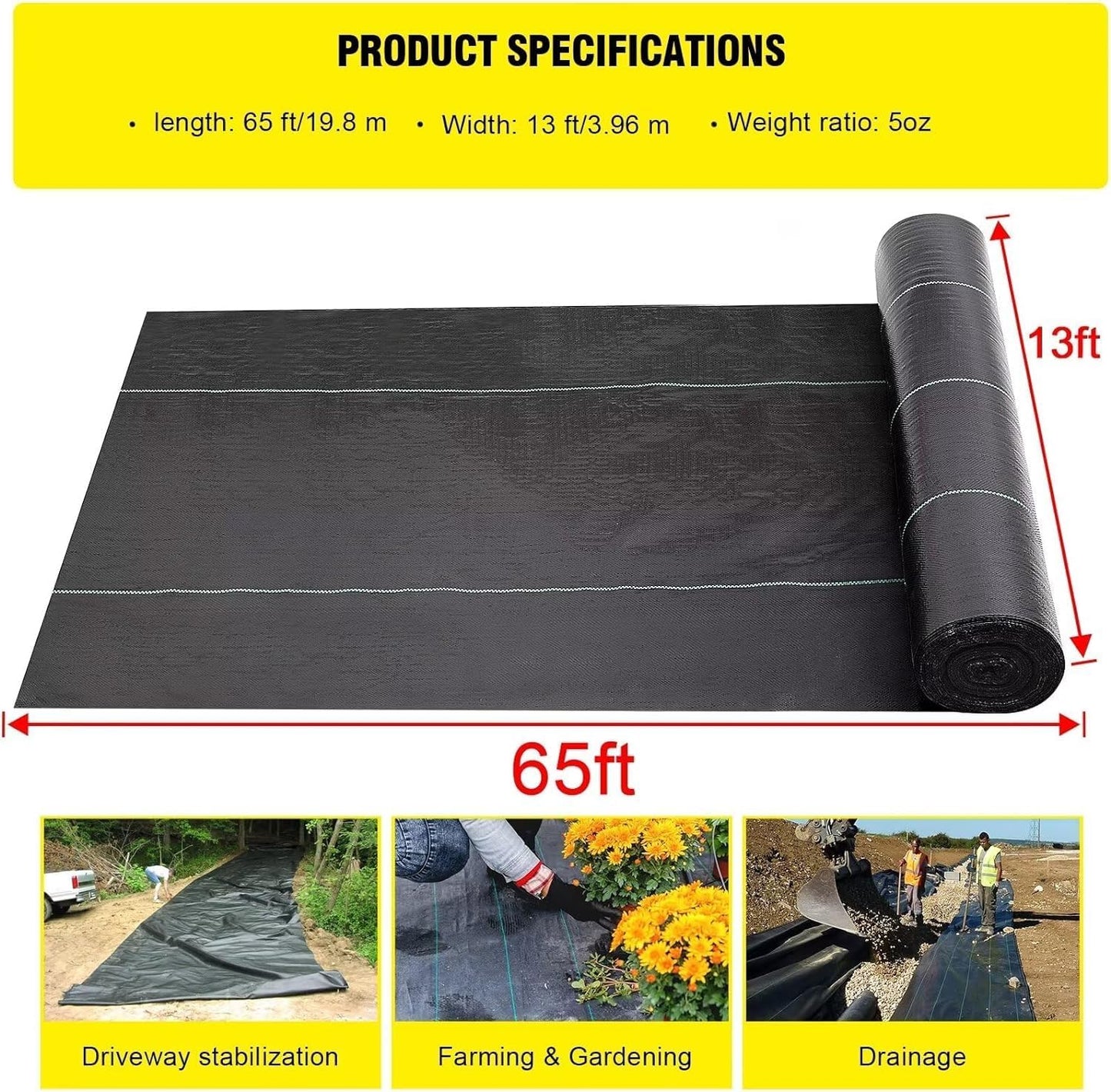 13x65ft Commercial Barrier Landscape Fabric Heavy Duty