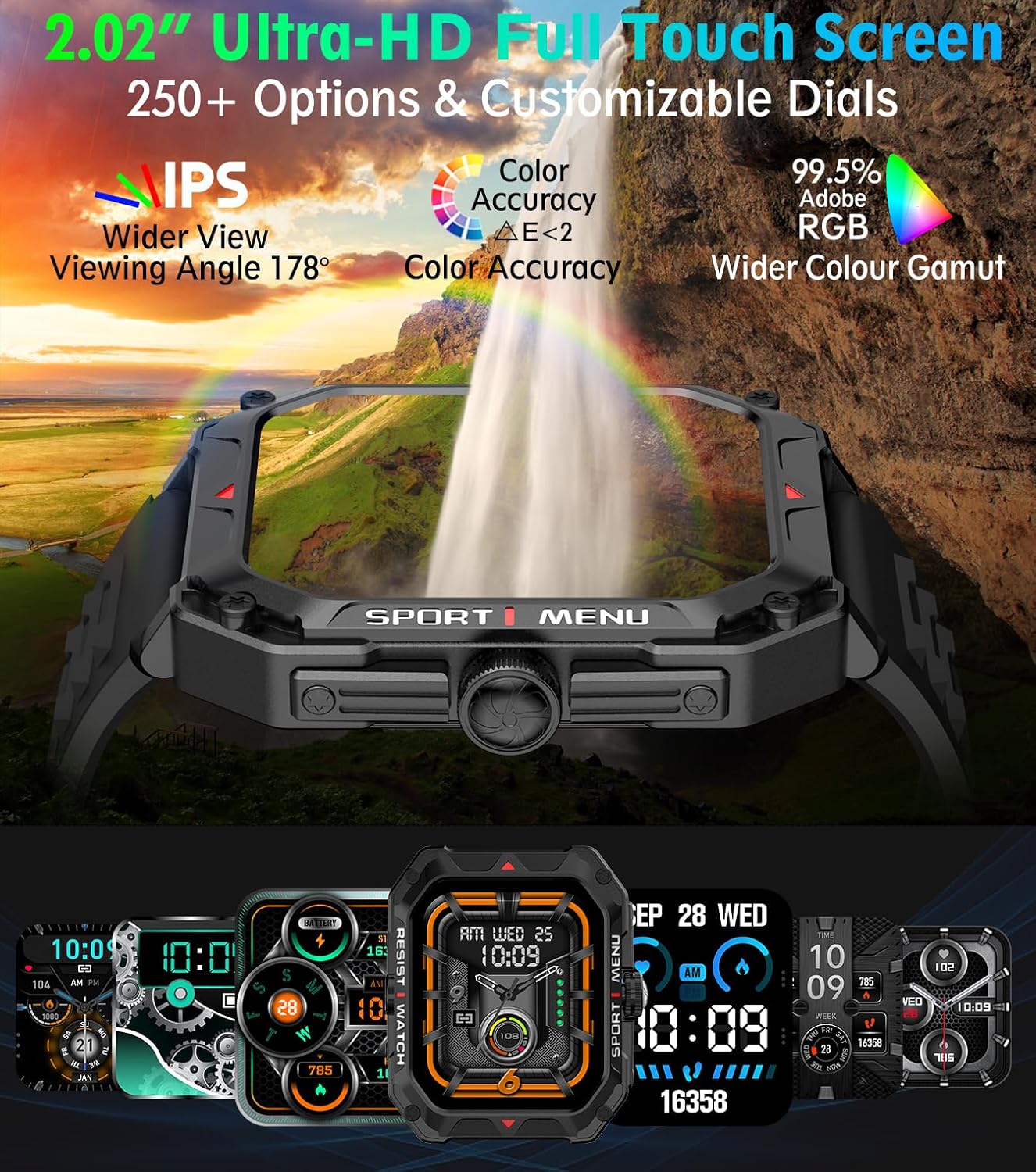 Military Smart Watch with Fitness Tracker Modes - 2.02"