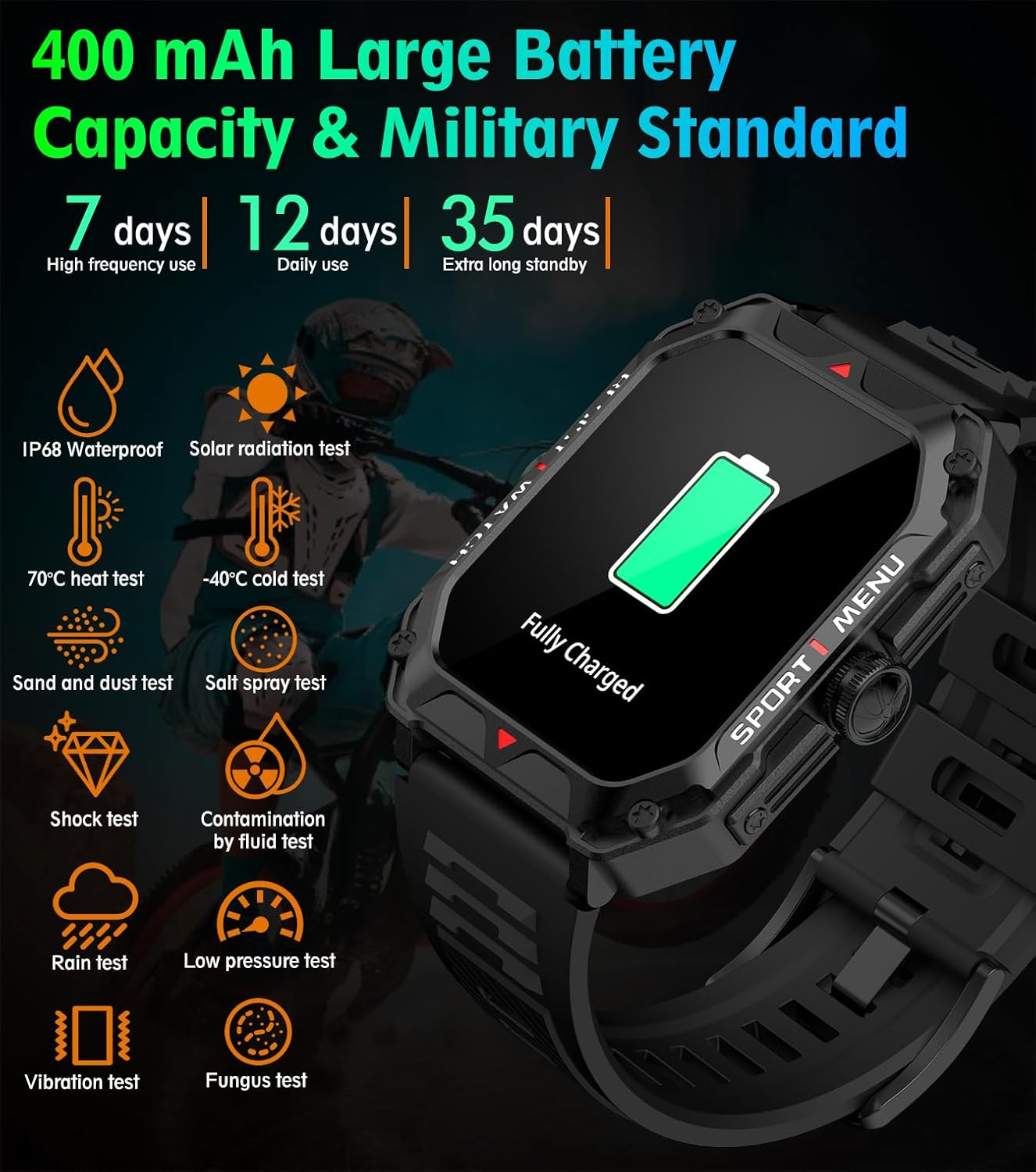 Military Smart Watch with Fitness Tracker Modes - 2.02"