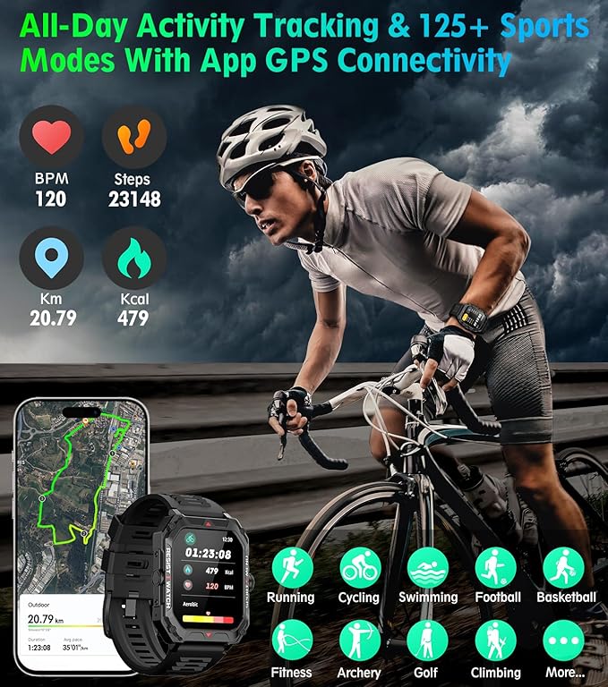 Military Smart Watch with Fitness Tracker Modes - 2.02"