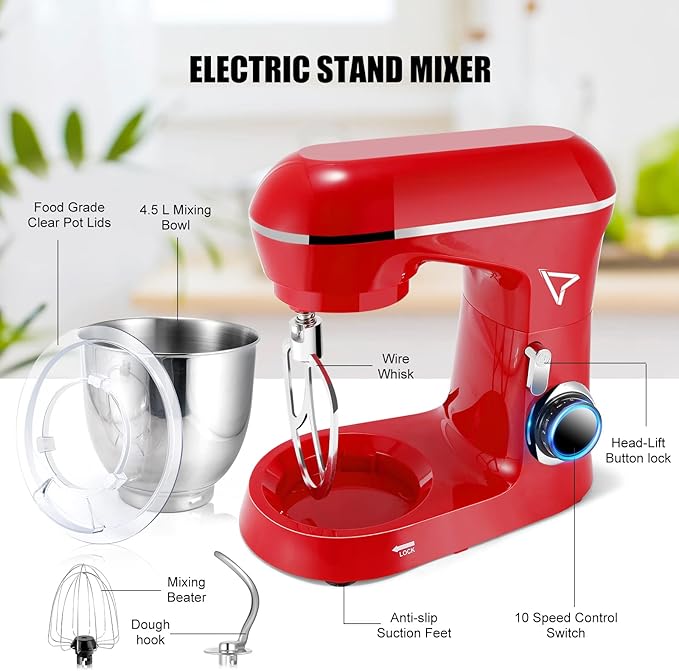5QT Tilt-Head Stand Food Mixer| 10 Speeds | Stainless Steel Bowl