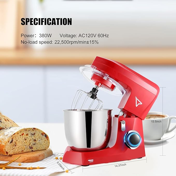 5QT Tilt-Head Stand Food Mixer| 10 Speeds | Stainless Steel Bowl