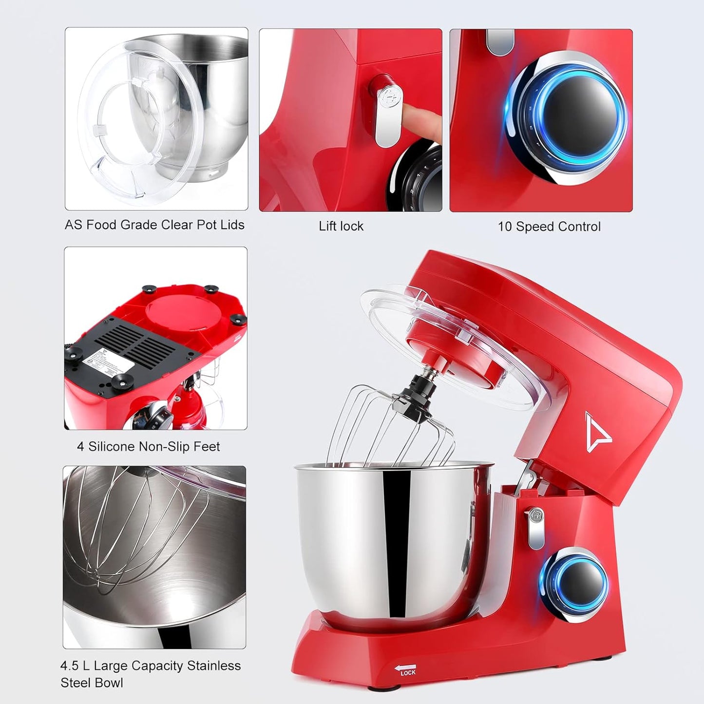 5QT Tilt-Head Stand Food Mixer| 10 Speeds | Stainless Steel Bowl