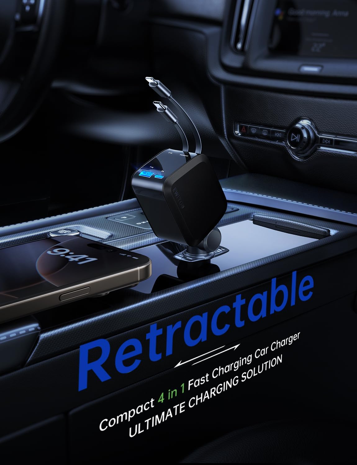 69W Fast Charging USB Retractable Car Charger