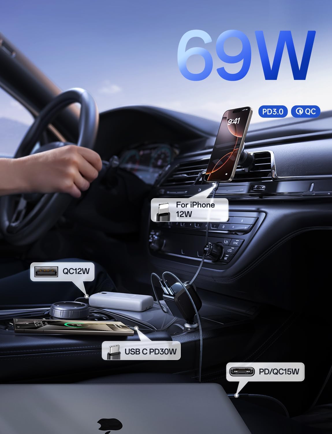 69W Fast Charging USB Retractable Car Charger