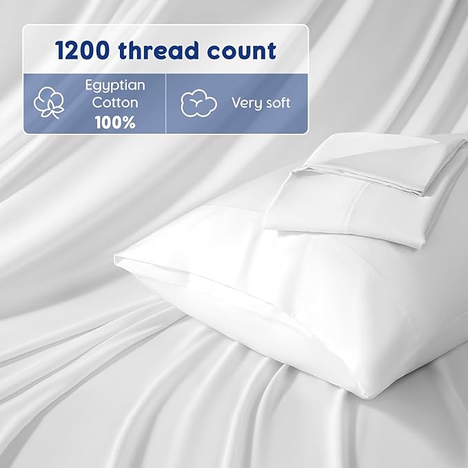 100% Egyptian Cotton Bed Sheets Queen Size 4pc 1200 Thread Count - White
