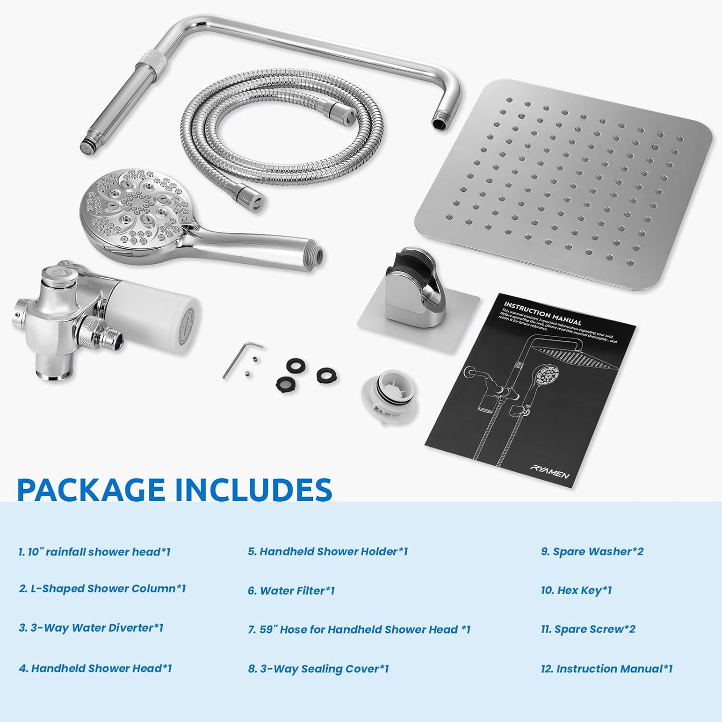 Ryamen Dual Shower Heads, 3 Way Rain Shower Head
