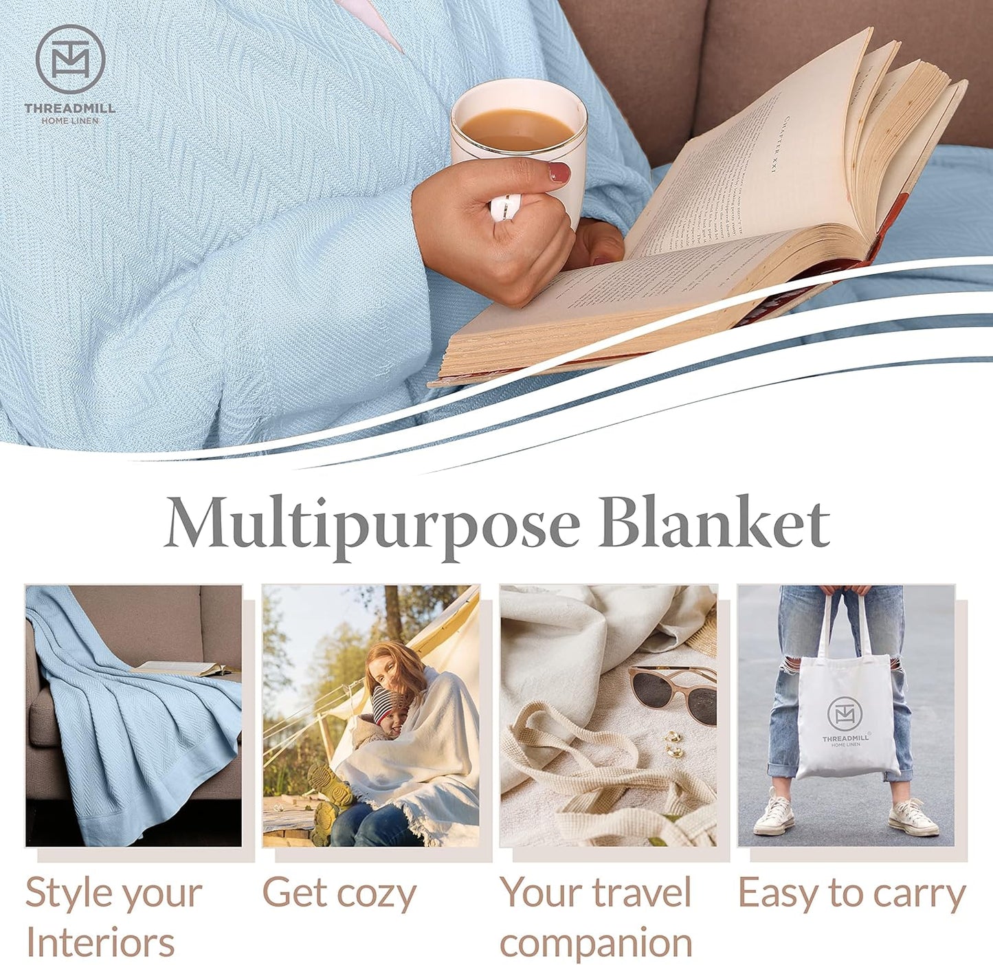 Threadmill King Size 100% Cotton Blanket- Light Blue