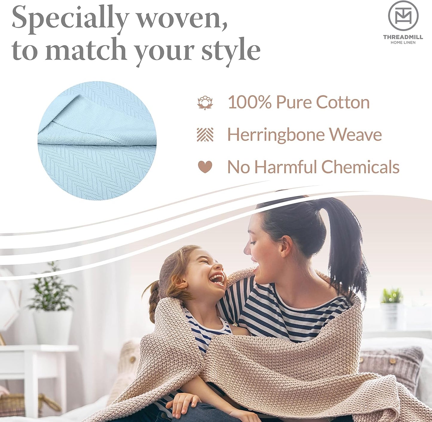 Threadmill King Size 100% Cotton Blanket- Light Blue