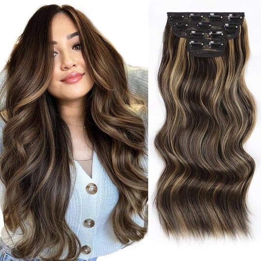 20in Synthetic Clip in Hair Extensions 4pc - Brown Mix Blonde