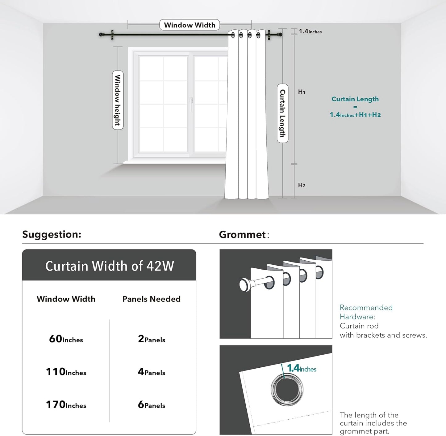 2 Panel Thermal Insulated Blackout Curtains- W42in x L72in
